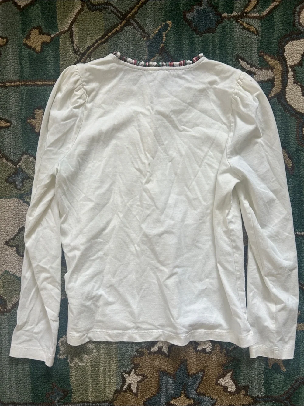 J. Crew White Long-Sleeve Henley with Patterned Trim and sparkle buttons